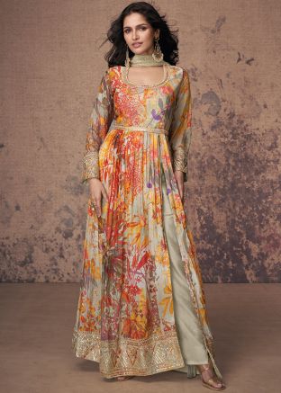 Readymade Beige Floral Print Slit Style Pant Suit