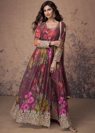 Wine Readymade Floral Print Slit Style Pant Suit