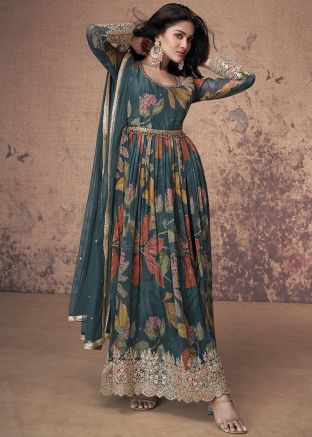 Green Readymade Slit Style Pant Suit In Floral Print