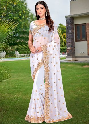 White Embroidered Saree In Georgette