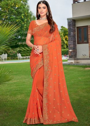 Orange Embroidered Saree In Georgette