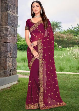 Purple Embroidered Saree In Georgette