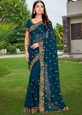 Blue Embroidered Saree In Georgette