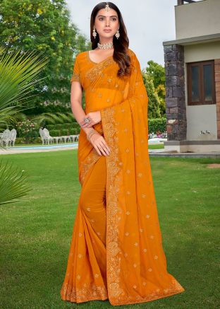 Yellow Embroidered Saree In Georgette