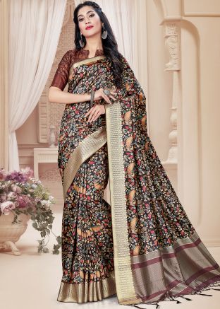 Black Digital Floral Print Art Silk Saree