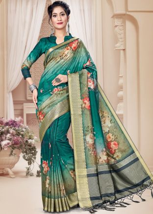 Shaded Green Floral Print Saree In Art Silk