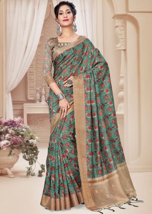 Green Saree In Digital Floral Print