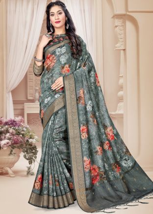 Grey Floral Print Saree With Blouse