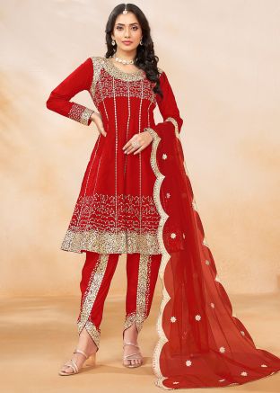 Red Sequins Work Dhoti Style Readyamde Flared Suit
