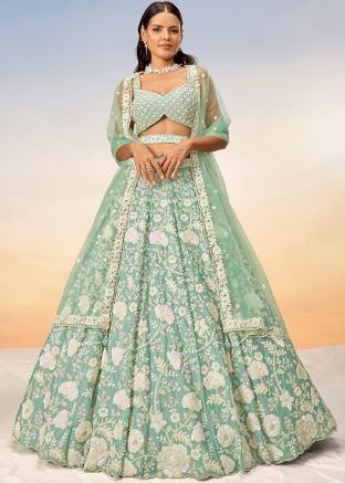 Green Georgette Lehenga Choli In Sequins Embellishment
