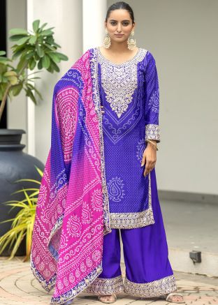 Purple Embroidered Chiffon Palazzo Suit