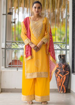 Yellow Embroidered Palazzo Suit In Chiffon