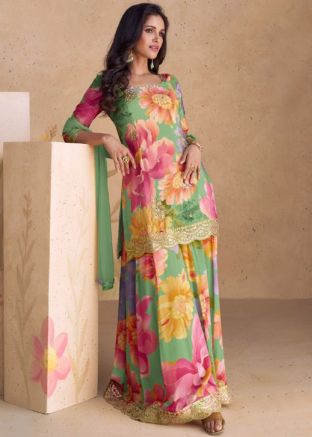 Multicolor Readymade Chiffon Sharara Suit In Floral print