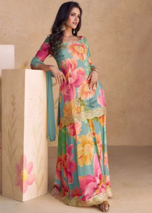 Multicolor Floral Printed Readymade Sharara Suit In Chiffon