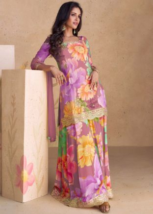 Multicolor Floral Printed Readymade Chiffon Sharara Suit Set