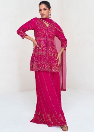 Pink Readymade Embroidered Sharara Suit In Georgette