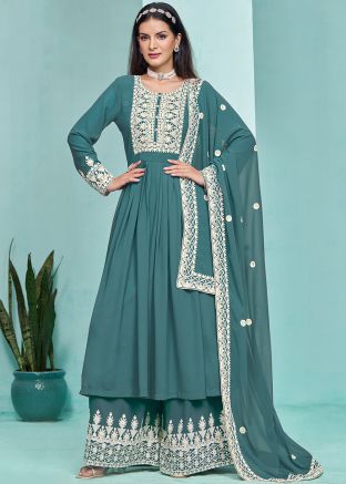Teal Green Georgette Anarkali Suit In Embroidery