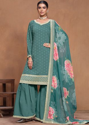 Turquoise Embroidered Gharara Suit In Art Silk