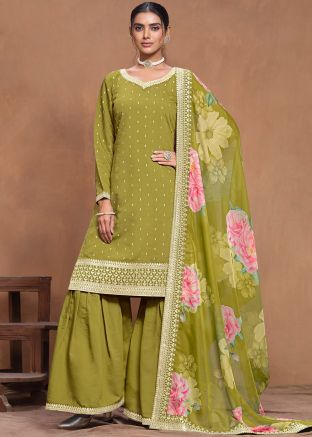 Green Art Silk Embroidered Gharara Suit Set