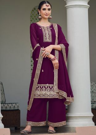 Purple Embroidered Palazzo Suit Set In Georgette