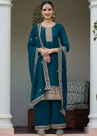 Teal Blue Embroidered Georgette Palazzo Suit Set