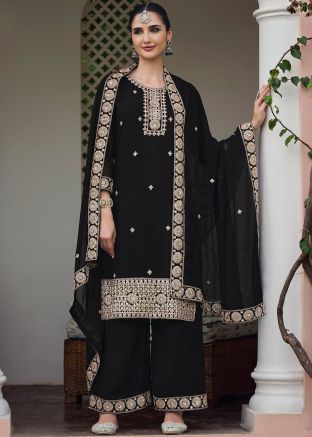 Black Embroidered Georgette Palazzo Suit Set