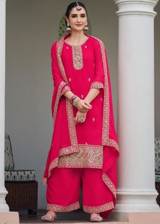 Pink Embroidered Georgette Palazzo Suit Set