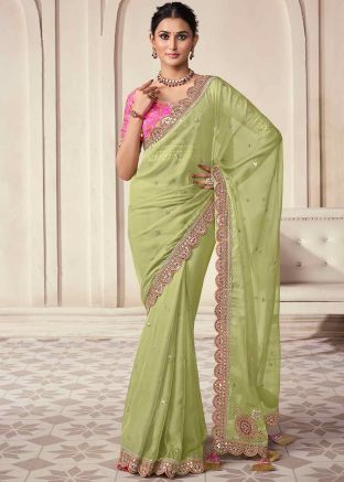 Green Embroidered Saree In Organza
