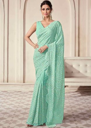 Seafoam Green Embroidered Georgette Saree