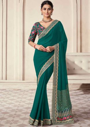 Teal Green Embroidered Organza Saree