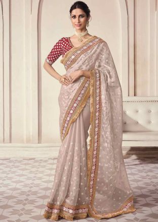 Beige Embroidered Border Organza Saree