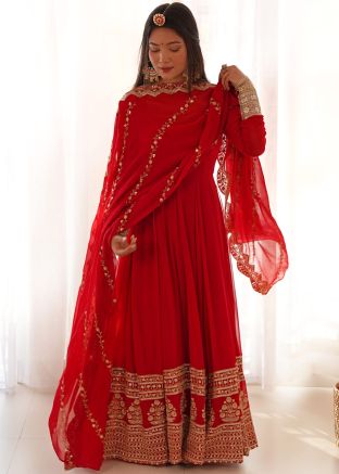Readymade Red Embroidered Anarkali Suit Set