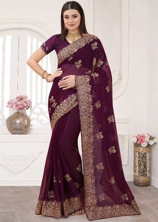 Wine Zari Work Saree In Shimmer