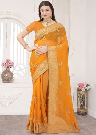 Yellow Zari Work Shimmer Saree