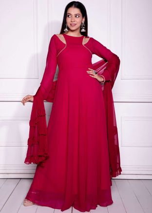 Readymade Red Plain Anarkali Suit In Georgette