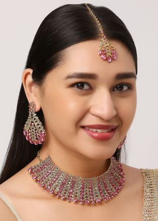 Pink & Golden Stone Work Necklace Set