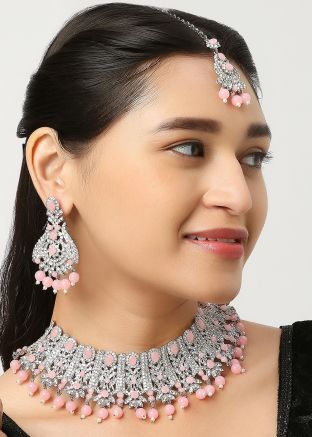 Light Pink Stone Work Necklace Set