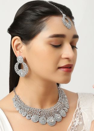 Studded Stone Silver Necklace Set