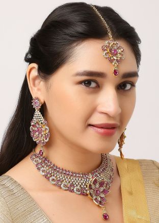 Pink Necklace Set In Stone Work