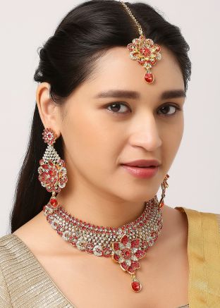 Red Necklace Set In Studded Stone