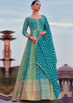 Readymade Blue & Green Embroidered Georgette Anarkali Suit