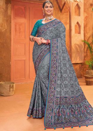 Grey Thread Embroidered Saree In Banarasi Silk