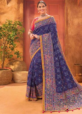 Navy Blue Bandhej Printed Saree In Banarasi Silk