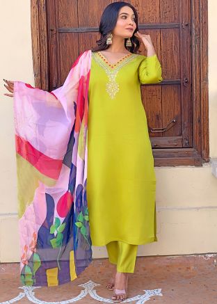 Readymade Yellow Embroidered Pant Suit In Viscose