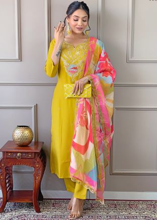 Readymade Yellow Embroidered Viscose Pant Suit