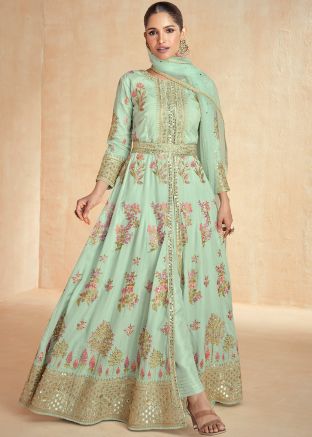 Readymade Green Embroidered Slitted Suit In Silk