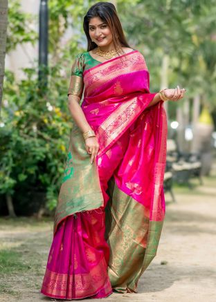 Pink Zari Woven Banarasi Silk Saree