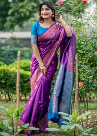 Purple Woven Saree In Banarasi Silk