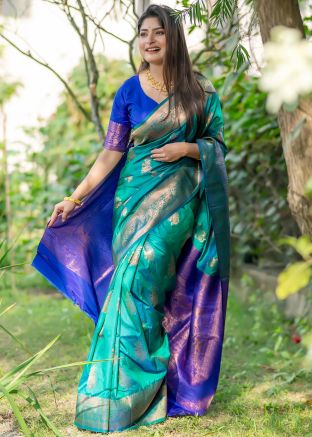Teal Green Woven Work Saree In Banarasi Silk