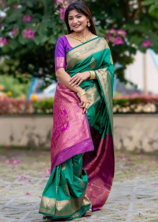 Green Zari Woven Work Saree & Blouse